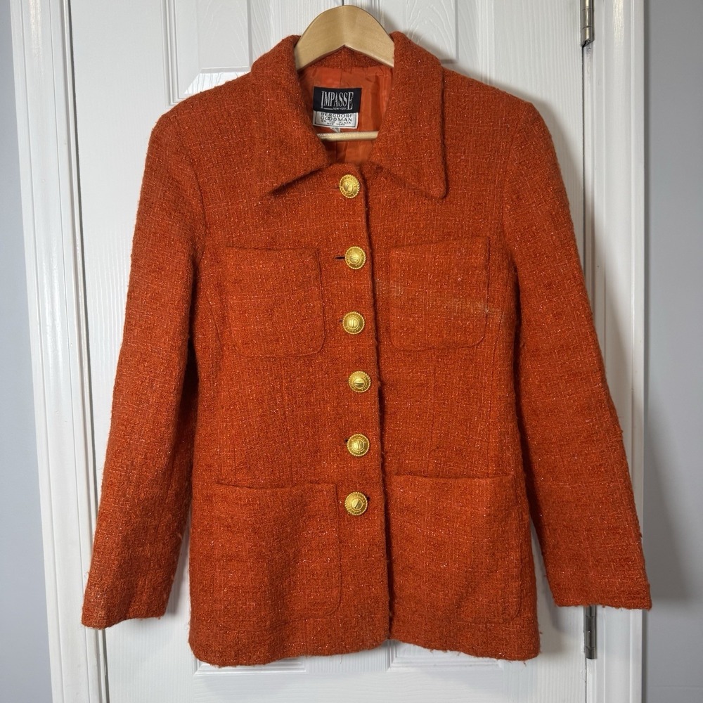 BERGDORF GOODMAN IMPASSE Metallic Tweed Jacket Blazer Orange Women's 4 Gold Wool